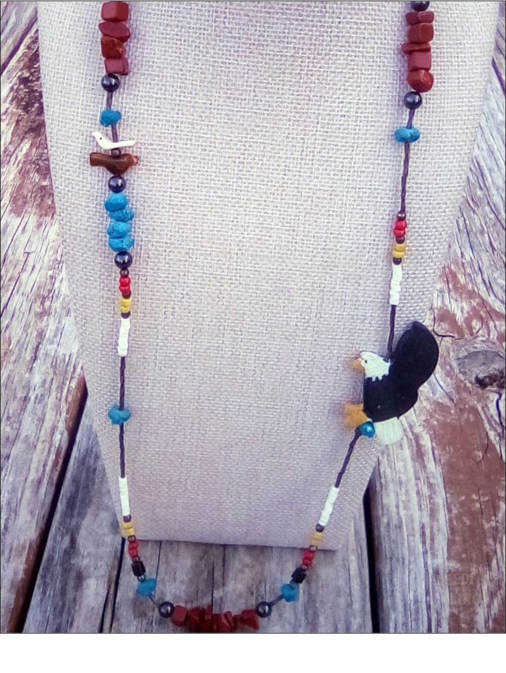 Vintage Southwestern Eagle Necklace Painted Wood Mixed Stone 28in